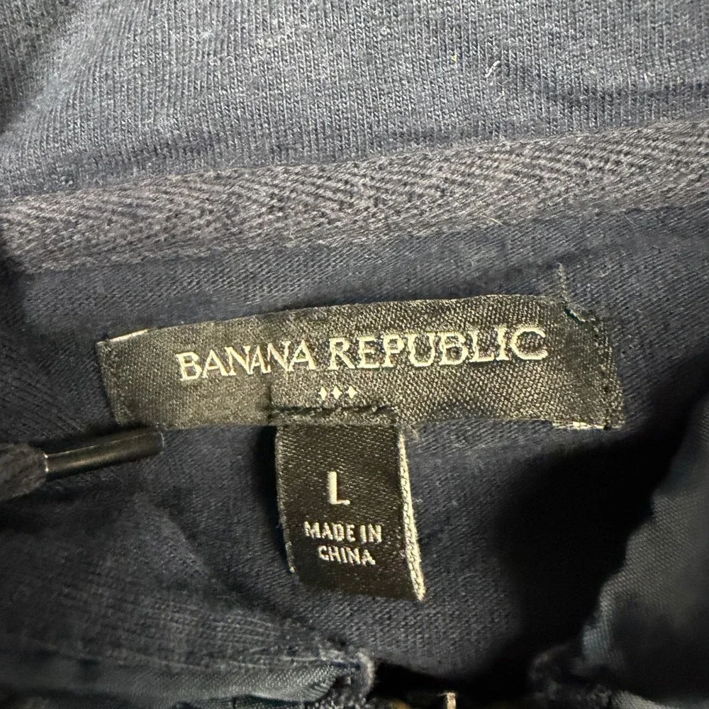 Banana Republic Mens Navy Blue Mixed Media Full Zip Hoodie Woven Trim Large